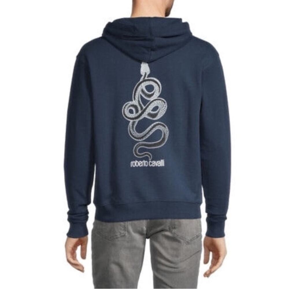 Nwot ROBERTO CAVALLI Hoodie Sweatshirt L Navy Graphic Snake Logo Drawstring